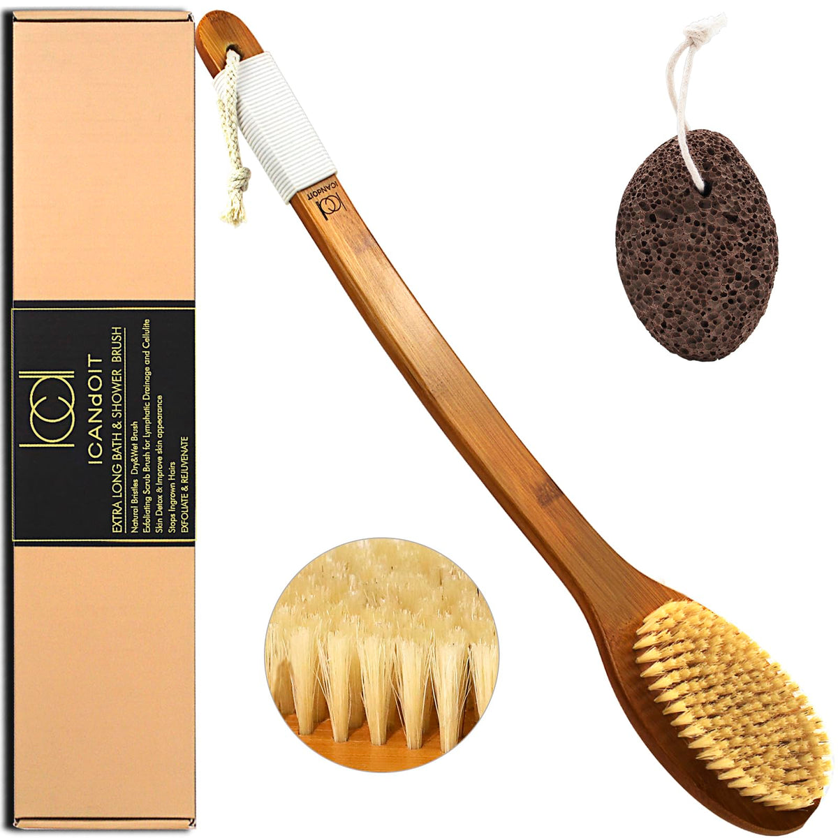 Icandoit 19.68&quot; Boar Bristle Bath Brush With Extra Long Bamboo Handle - Exfoliating Shower Scrubber