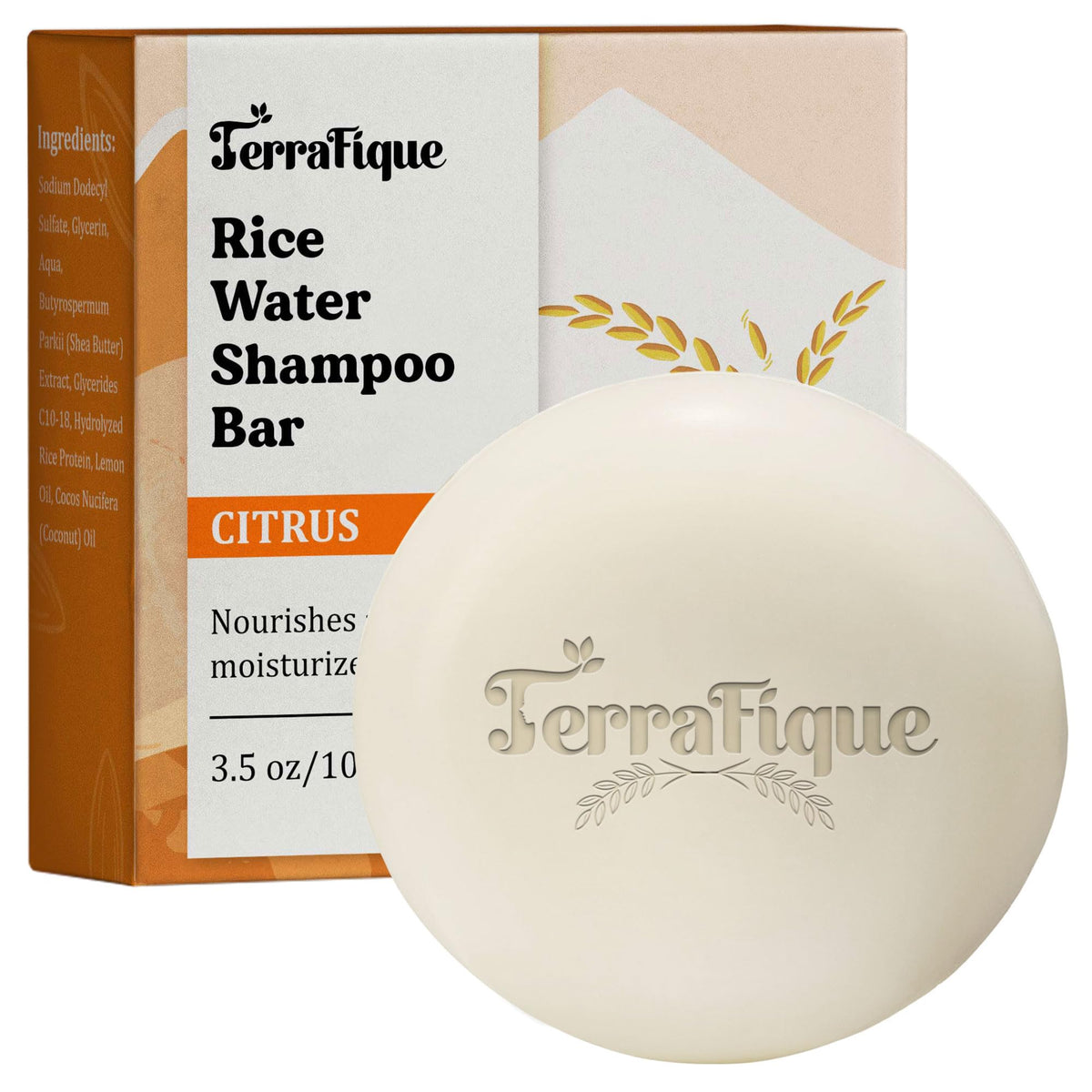 Terrafique Rice Water Shampoo Bar - Nourishing Citrus Shampoo With Cocoa & Shea Butter, 3.5 Oz