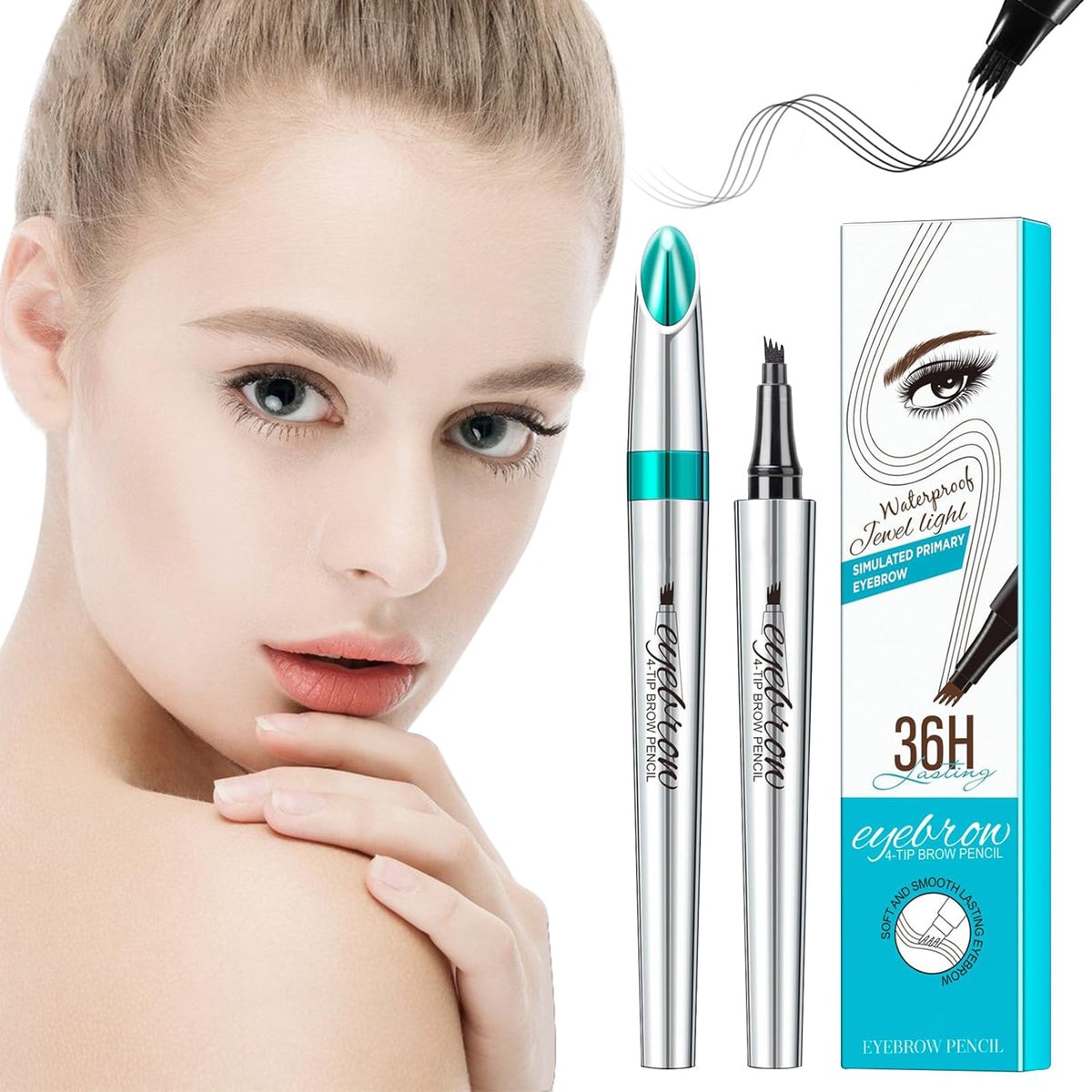 Boraxo Eyebrow Pen - Waterproof Microblading 4 Tip Light Brown Pencil For Natural Long-Lasting Brows