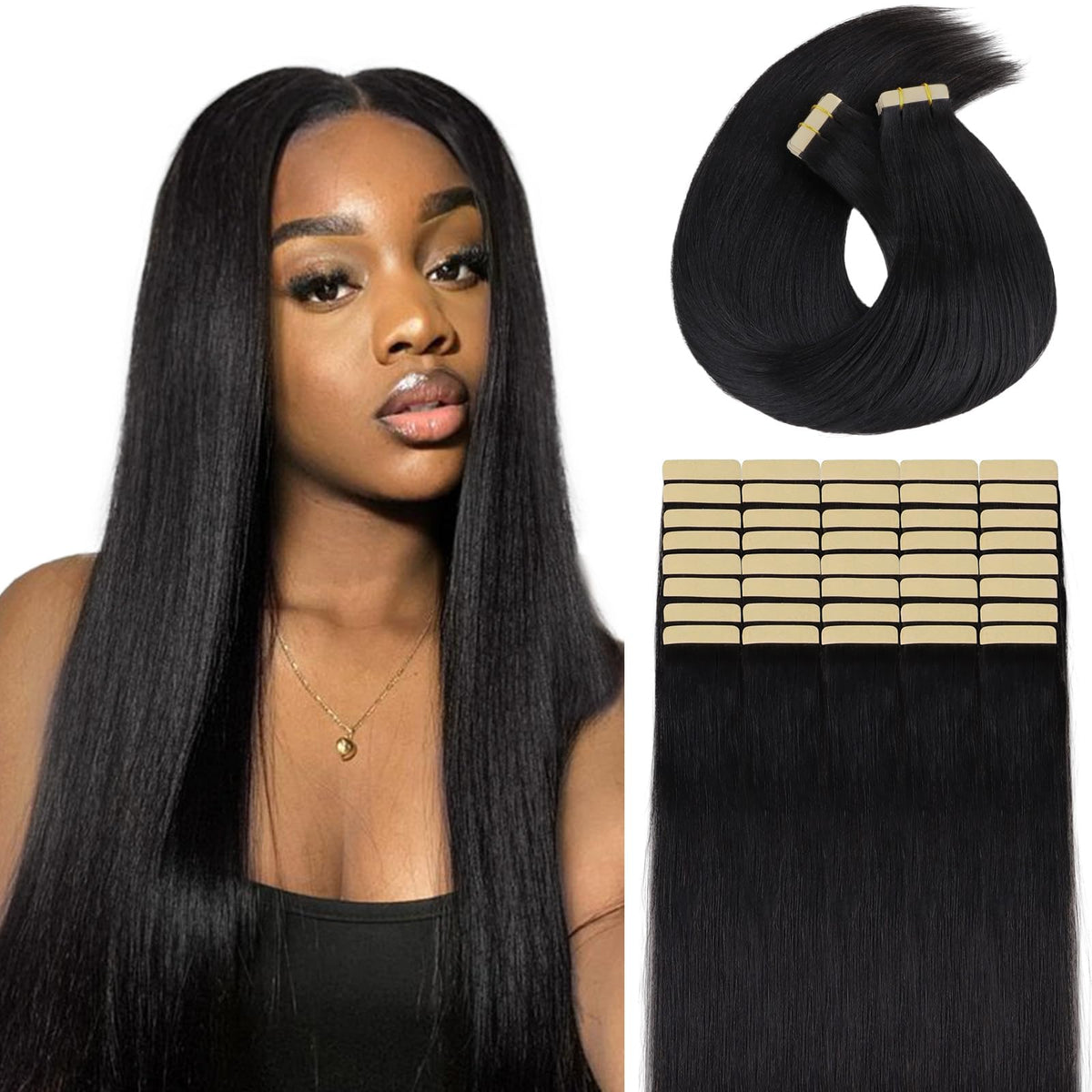 Lashey Tape In Hair Extensions 14 Inch Natural Black Yaki Straight 100G 40Pcs Human Hair