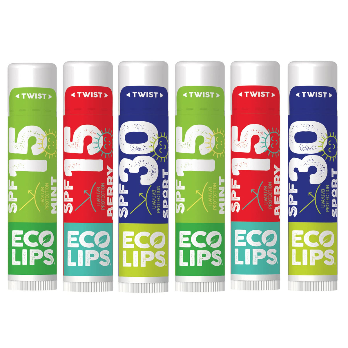 Eco Lips Sunscreen Lip Balm 6-Pack - 100% Plastic-Free, Broad Spectrum, Mint, Berry, Sport