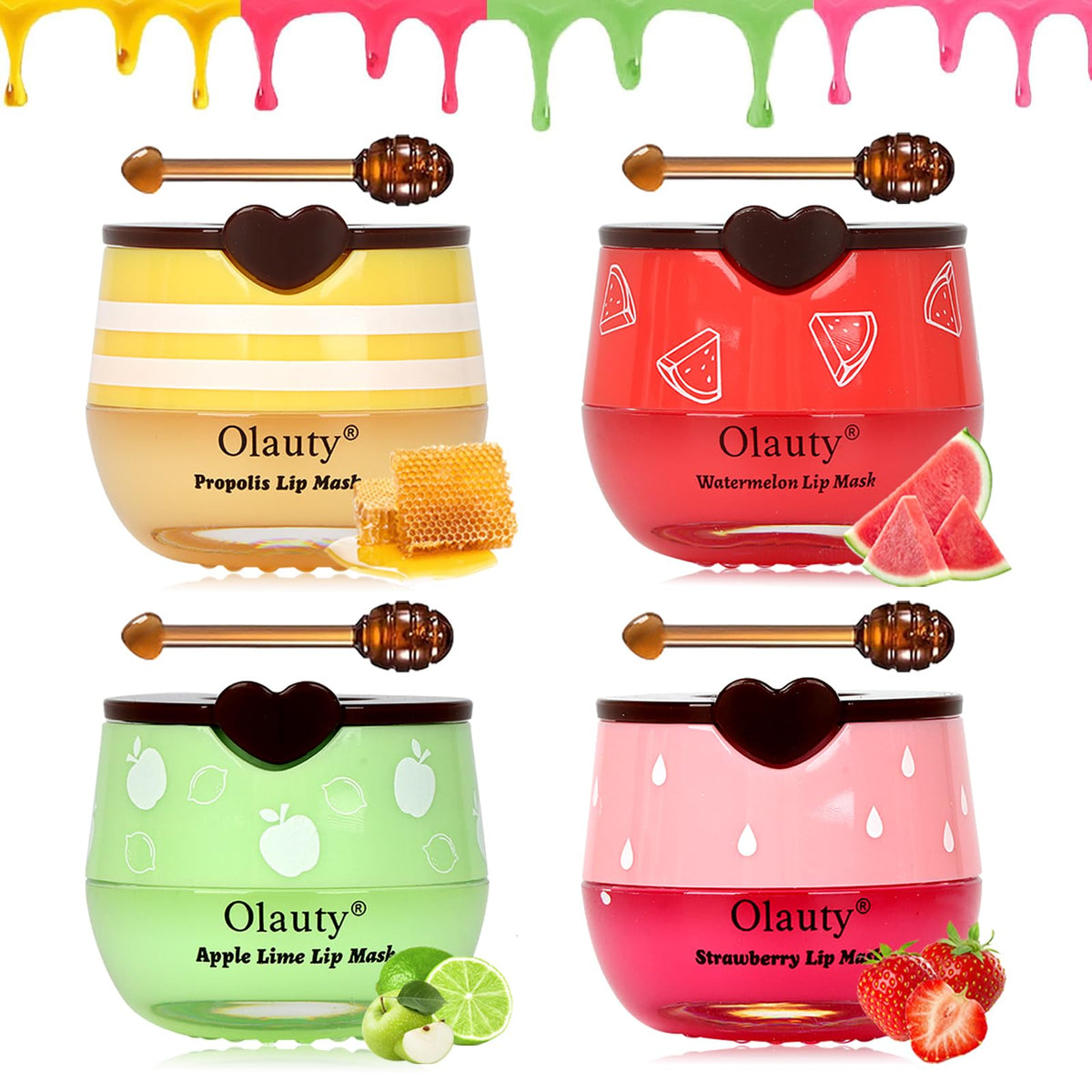 Sulily 4 Pcs Bee Lip Balm Set - Hydrating Strawberry, Watermelon, Honey & Apple Lime Lip Masks