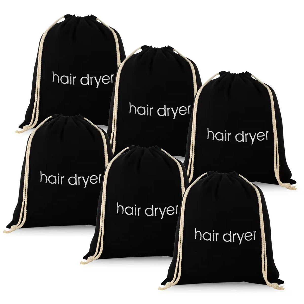 Erkxd Hair Dryer Bags, 6 Pcs Drawstring Storage, Travel & Bathroom Organizer - Black