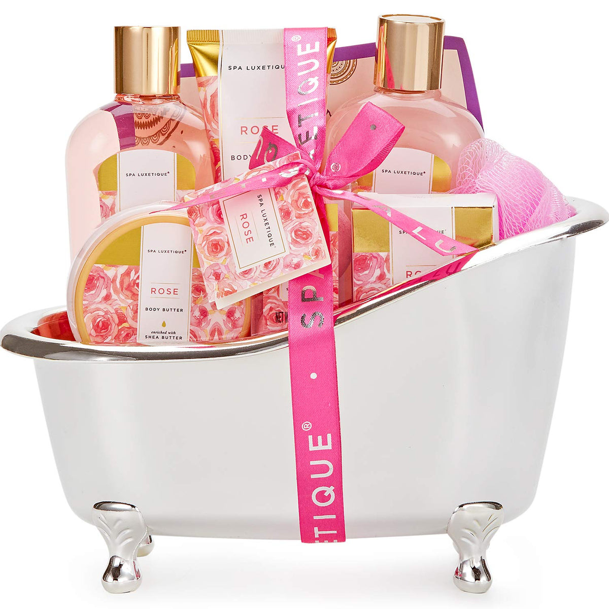 Spa Luxetique 8-Pc Rose Bath Gift Set For Women - Bubble Bath, Shower Gel, Body Lotion, Spa Basket