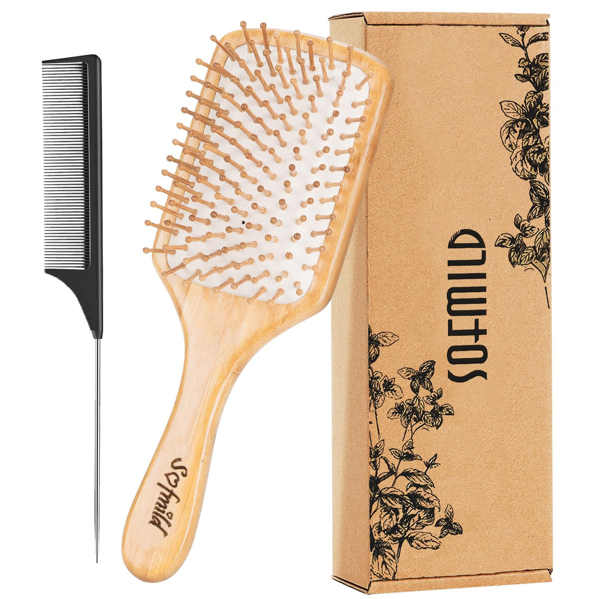 Sofmild Natural Bamboo Hair Brush & Detangle Comb For Men, Women & Kids - Paddle Brush, White