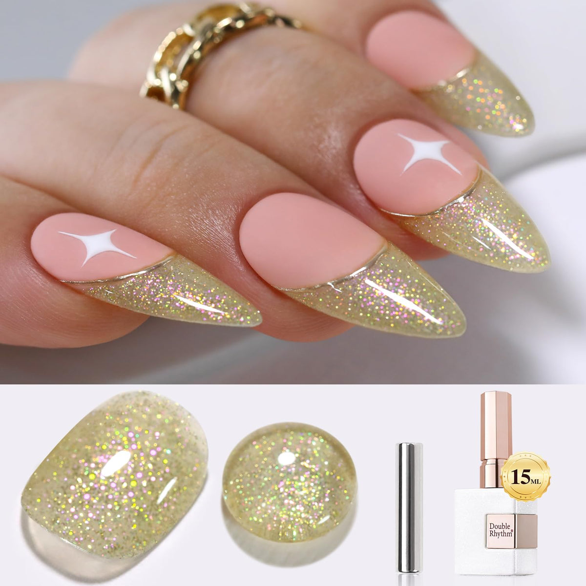 Double Rhythm Glitter Gel Polish 15Ml - Shimmer Reflective Holographic Nail Art (Yellow Green)