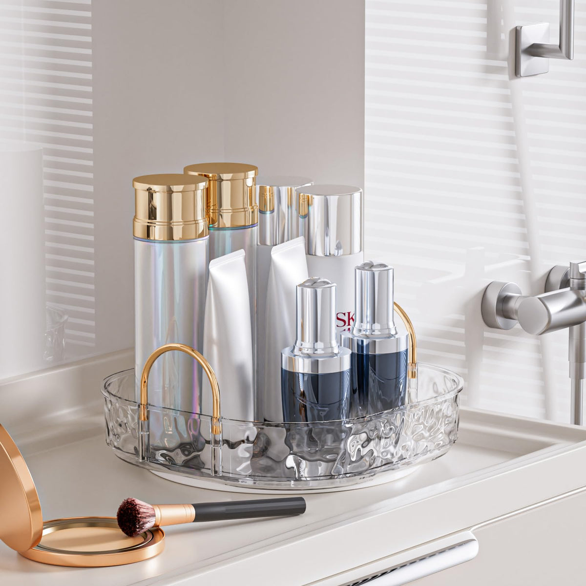 ZHIAI 360° Clear Rotating Makeup Organizer - Large Vanity & Skincare Storage, 1 Tier, PET Material