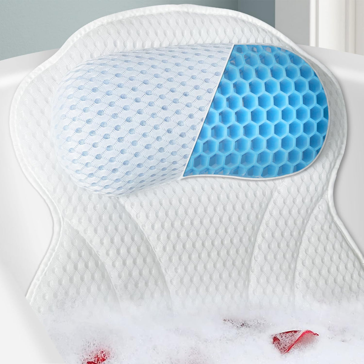 Roslim Bathtub Pillow - Ergonomic Neck & Back Support, Strong Suction Cups, Medium White