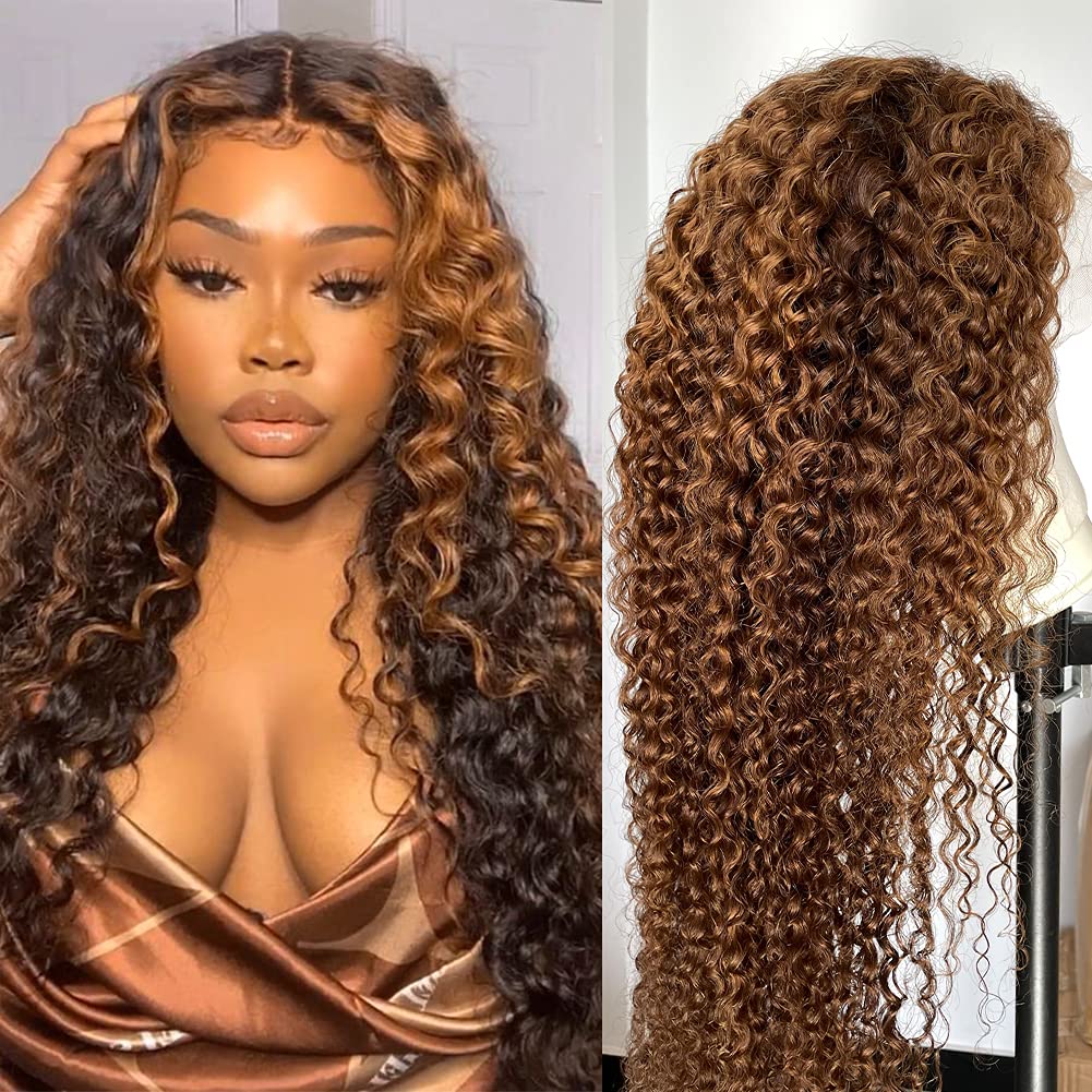 CYNOSURE 24&quot; HD Transparent Lace Front Wig, 180% Density Curly Human Hair, 4/30 Highlight