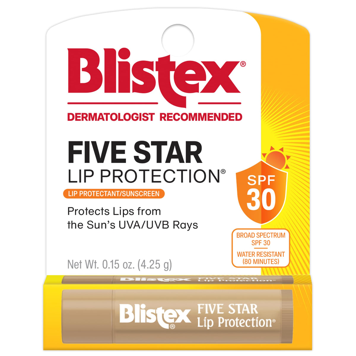 Blistex Five Star Lip Balm, Spf 30, Wind & Water-Resistant, 0.15 Ounce - Moistur