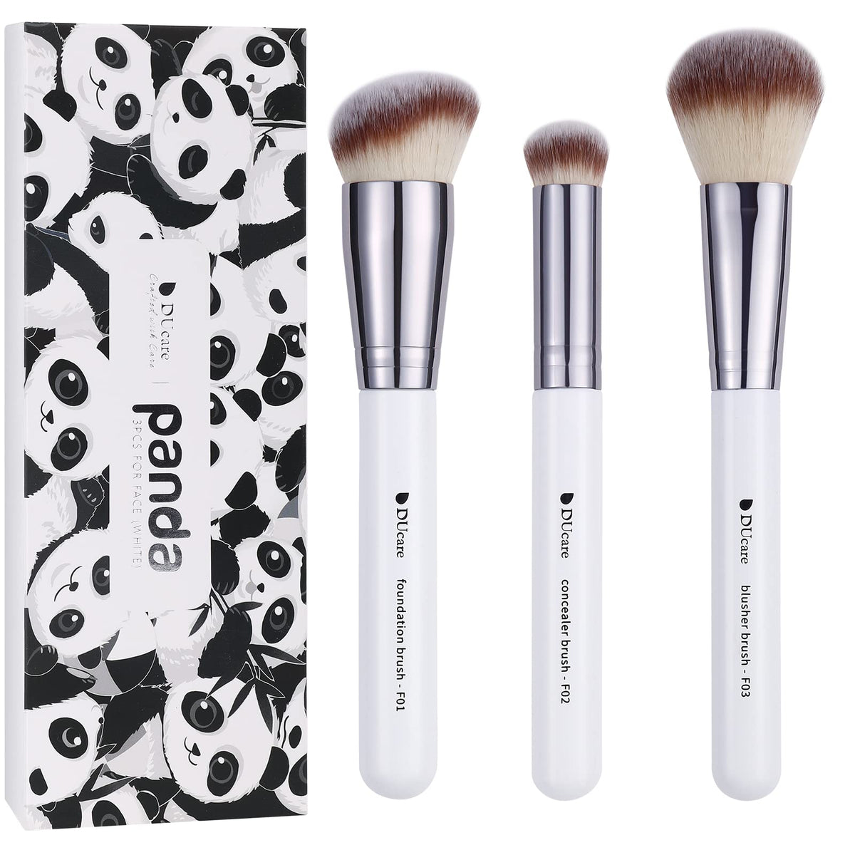 DUcare 3Pcs Makeup Brush Set - Foundation, Contour, Concealer & Blusher - White Kabuki Brushes