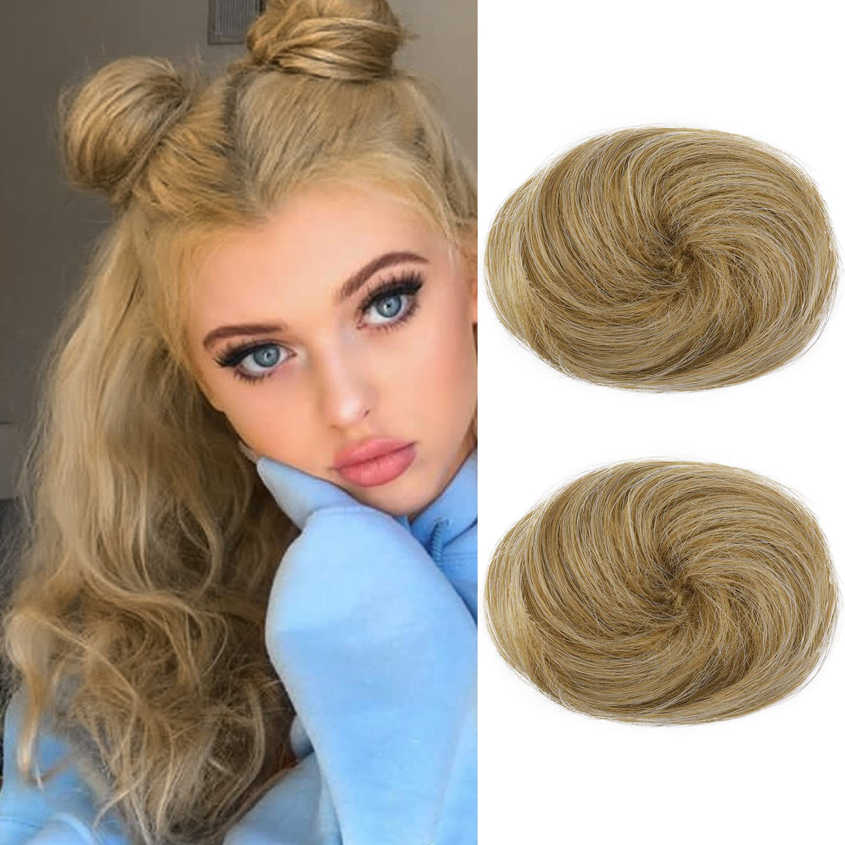 REECHO Mini Claw Clips - 2 PCS Messy & Cat Ears Hair Bun Extensions, Golden with Blonde Highlights