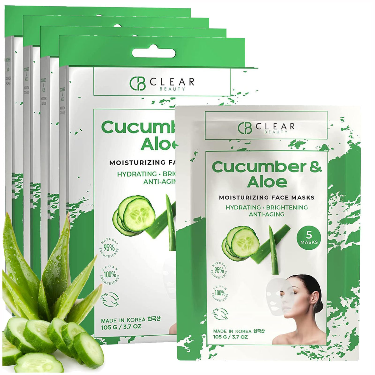 Clear Beauty Cucumber & Aloe Face Mask - Hydrating, Anti-Aging, Cruelty-Free - 4 Pack