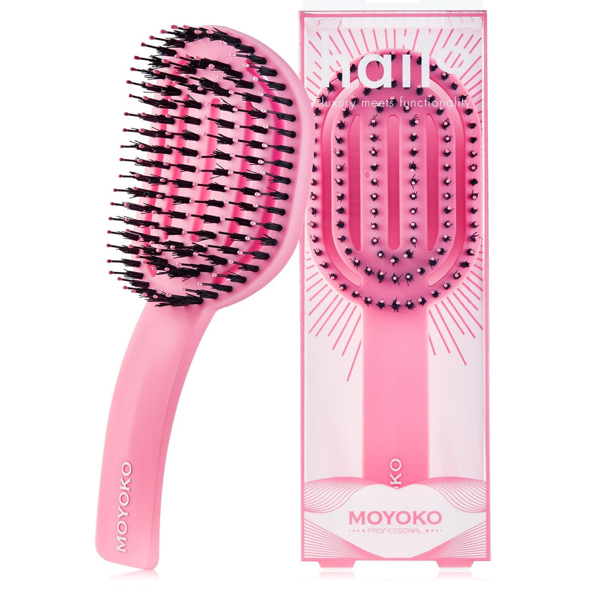 Moyoko Curly & Straight Hair Detangler Brush - Ergonomic, Pink, Prevents Breakage, Wet & Dry Use