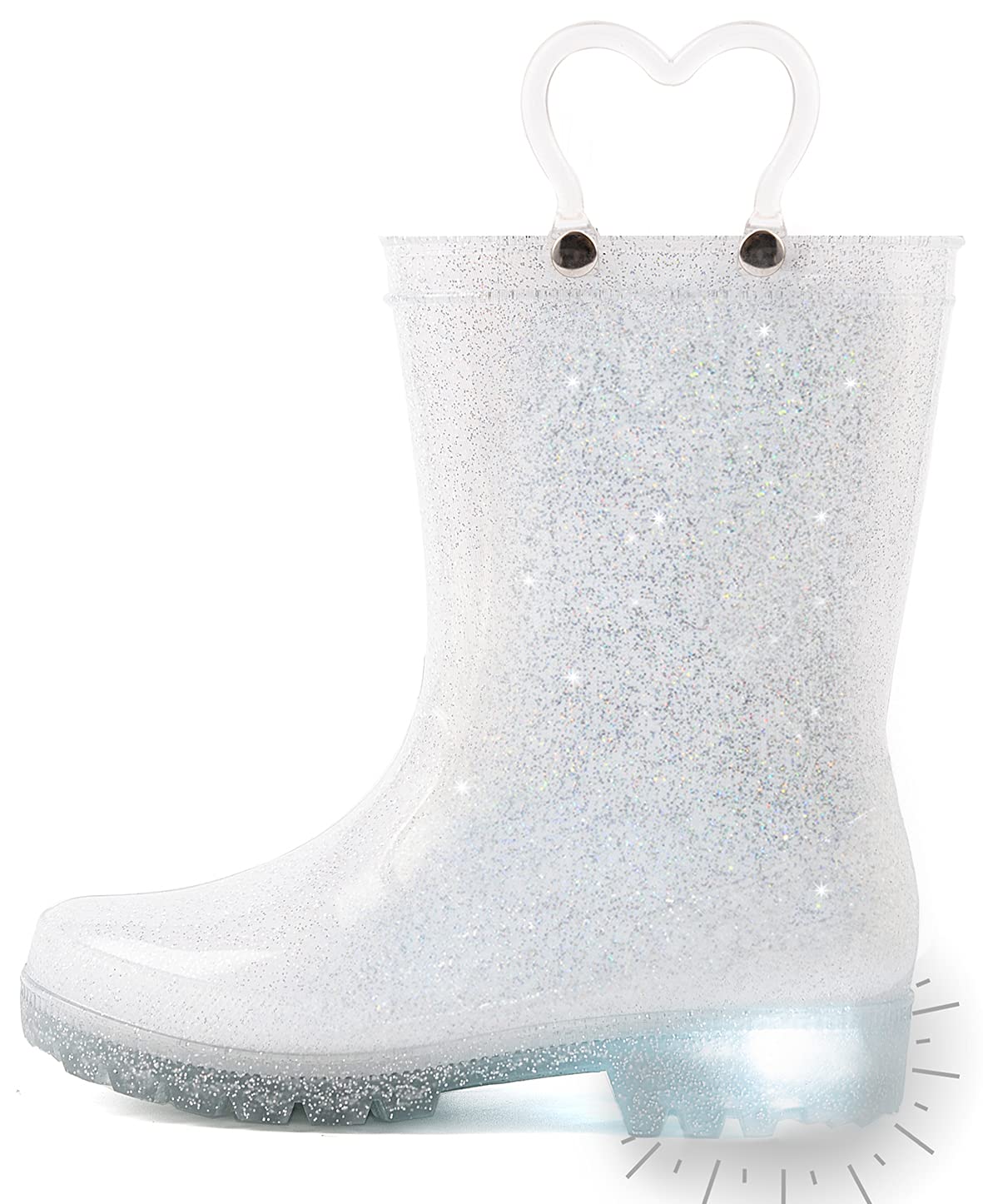 Outee Toddler Girls Light Up Rain Boots Glitter Silver Waterproof Non-Slip Size 6