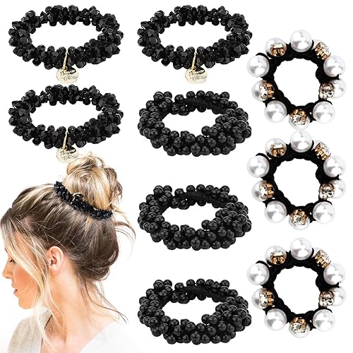 AHONEY 9Pcs Black Hair Ties Scrunchies with Crystal Pearls Beads for Women Girls