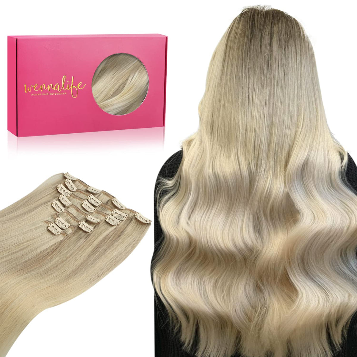 WENNALIFE 24&quot; Clip in Hair Extensions, 120g Remy Human Hair, Ombre Ash Blonde to Golden Blonde