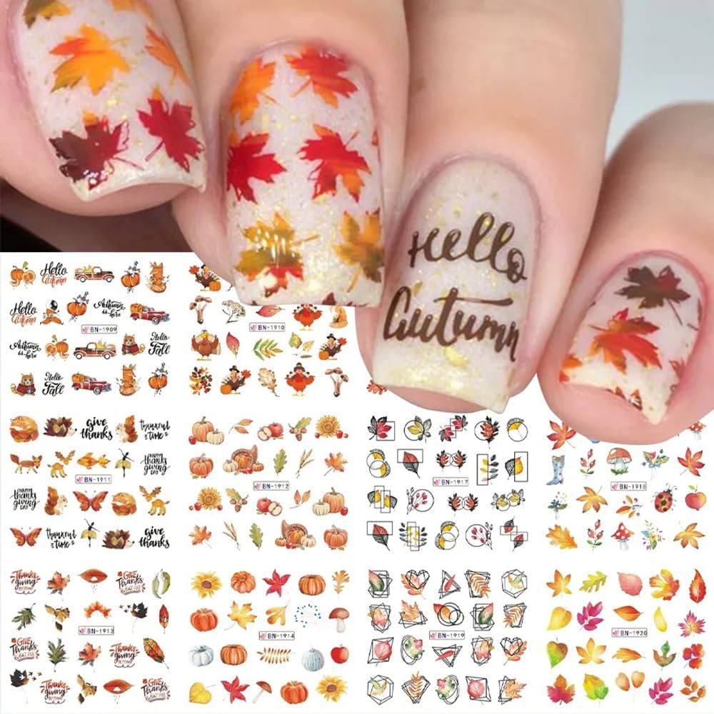 Zeyer Fall Nail Art Stickers - 12 Pcs Autumn Water Decals With Maple Leaves & Pumpkins