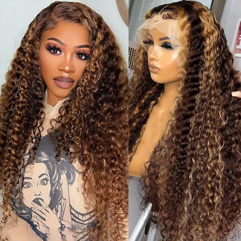 Alsziqihr 26&quot; Highlight Ombre Lace Front Wig - Human Hair, Hd Transparent, Water Wave, 180% Density