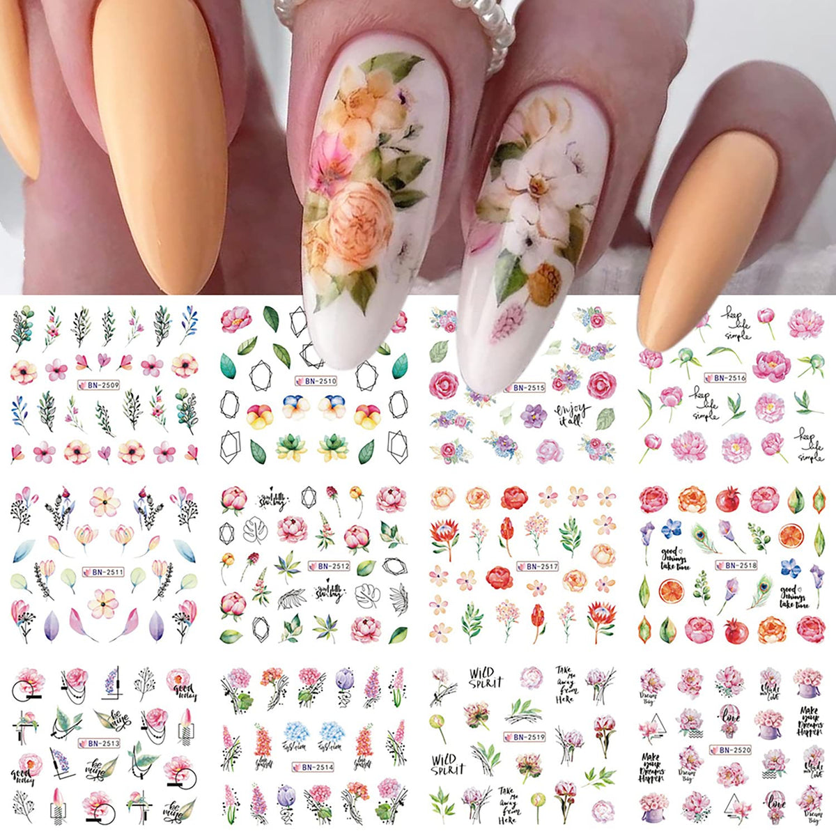 Kstbjn 12 Pcs Flower Nail Art Stickers, Cute Water Transfer Decals For Diy Manicure