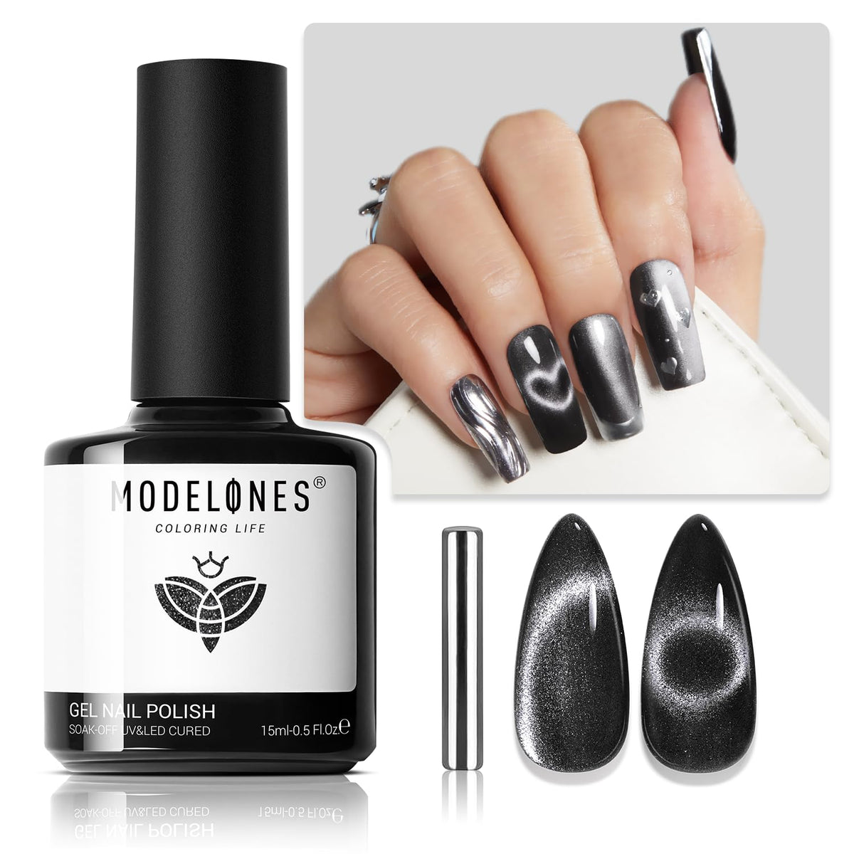 Modelones Cat Eye Gel Nail Polish 15Ml - Black Holographic Glitter Soak Off Nail Art Gel