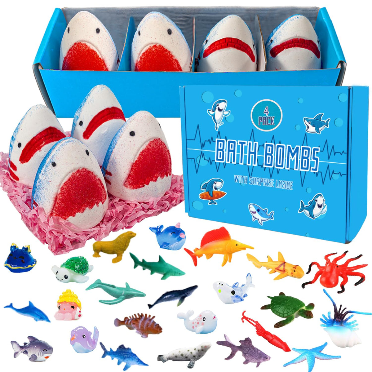 Kottke Kids Bath Bombs - 4 Pack Marine Shark With Ocean Animals, Safe & Organic Fun