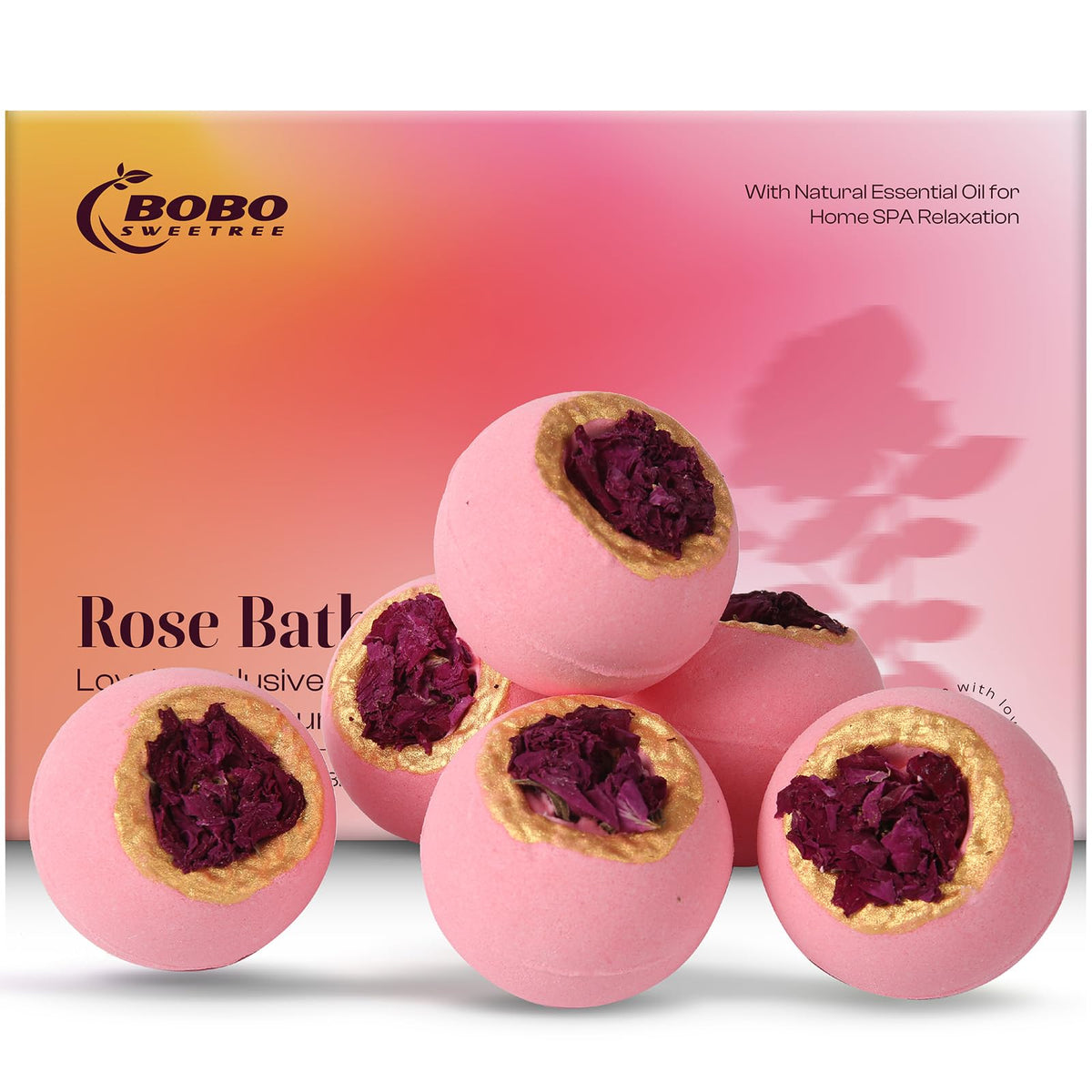 Bobosweetree Bath Bombs Gift Set - 6 Luxury Fizzies With Real Flowers & Essential Oils, Rose