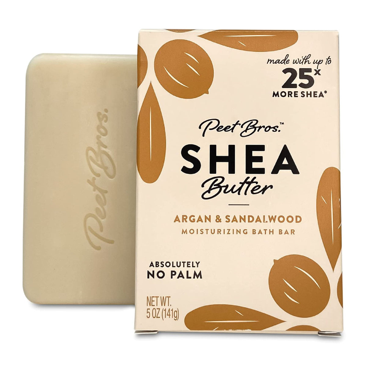 Peet Bros. Argan & Sandalwood Shea Butter Bar Soap - Vegan, 5 Oz, Palm Oil-Free, No Fragrance