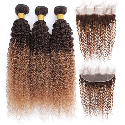 FASHION VILA Curly Bundles with Frontal 2 Tone Ombre Brazilian Hair 14 16 18+12&quot;&quot; T