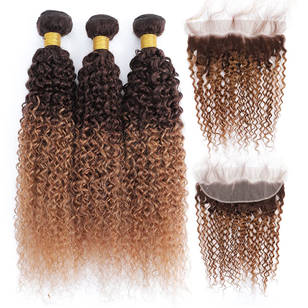 FASHION VILA Curly Bundles with Frontal 2 Tone Ombre Human Hair 16 18 20+14 Lace Fr