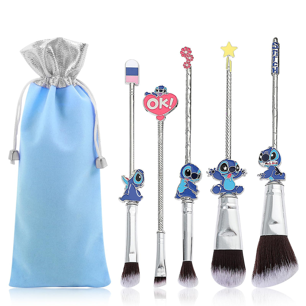 WeChip 5pcs Anime Stitch Makeup Brush Set - Blue, Perfect Gifts for Girls & Women