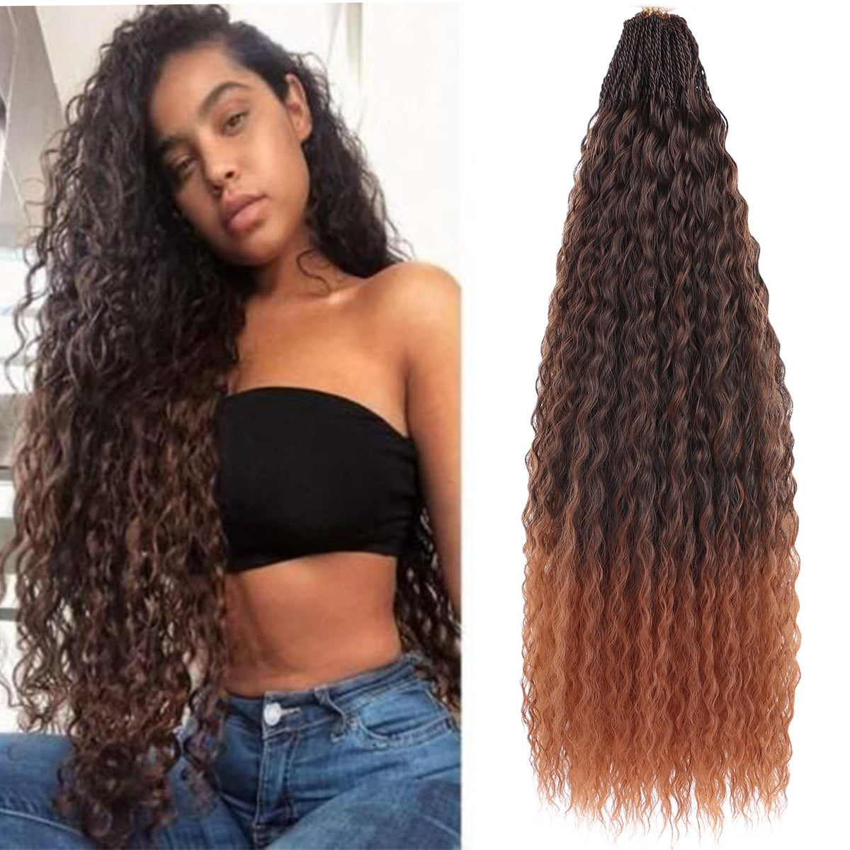 Zrq 24&quot; Pre Looped Micro Brazilian Braids Curly Crochet Hair Ombre Brown Synthetic Extensions