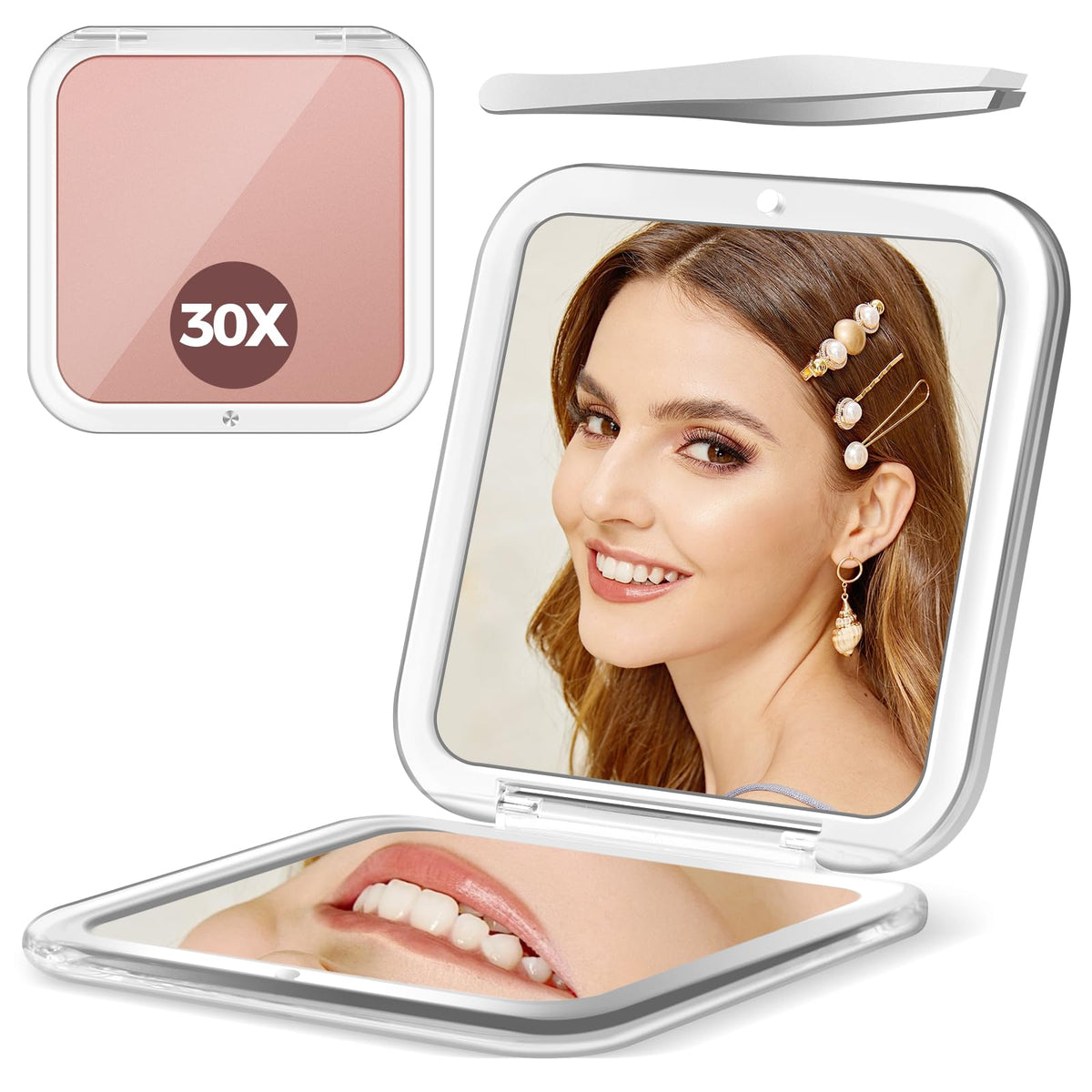 Pimplego 30X Magnifying Pocket Mirror, 3.3&quot; Compact Rose Gold Travel Makeup Mirror With Tweezers