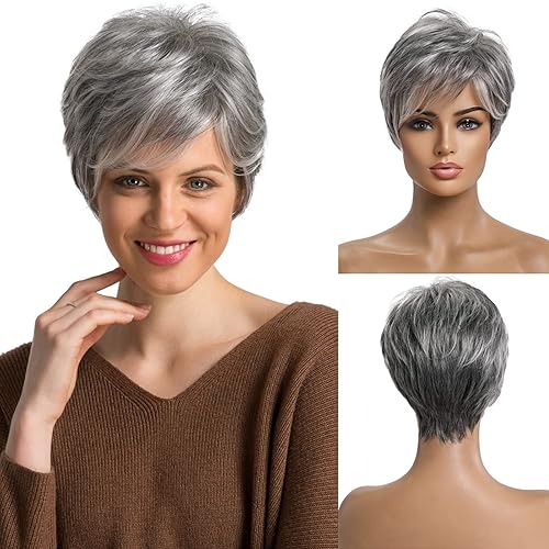 Emmor Short Grey Human Hair Pixie Cut Wig For Women - 2 Piece Set, Natural Look