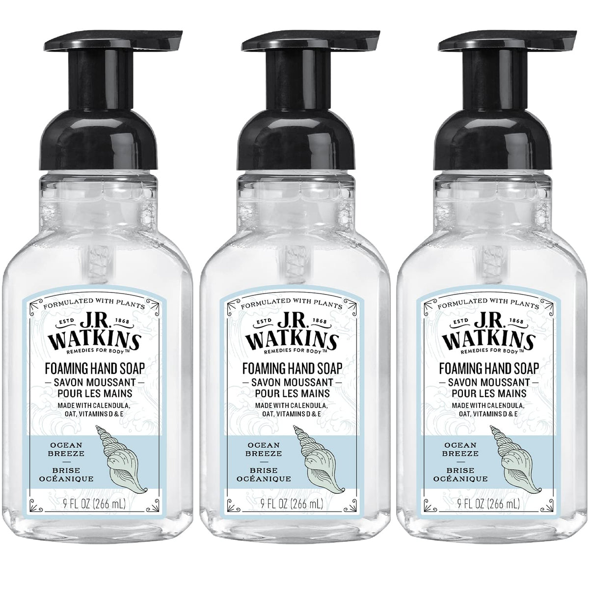 J.R. Watkins Ocean Breeze Foaming Hand Soap, Scented, 9 Fl Oz, 3 Pack, Usa Made, Cru