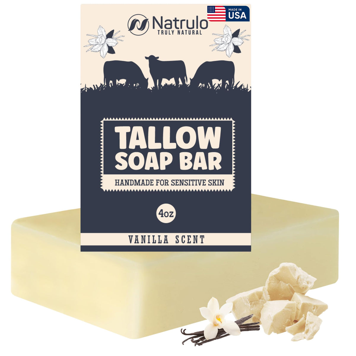 Natrulo Beef Tallow Soap Bar - All Natural Moisturizing Soap For Eczema & Sensitive Skin, 4Oz