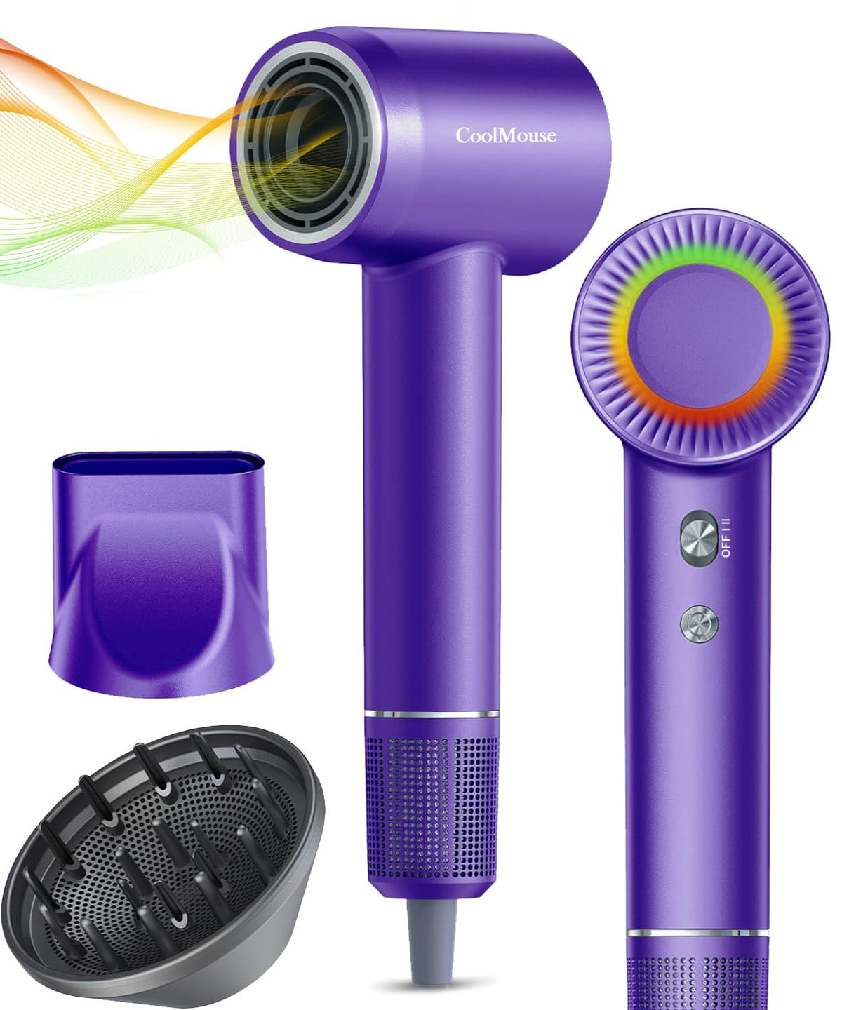 Coolmouse High-Speed Ionic Hair Dryer, 150,000 Rpm, Low Noise, Travel Magnetic Diffuser, Purple