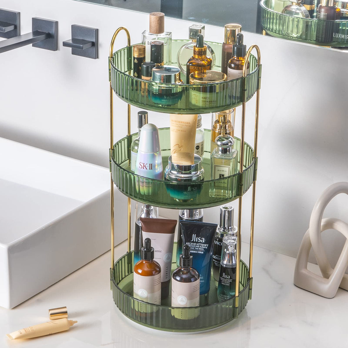 Invssene 360° Rotating Makeup Organizer - Green 3-Tier Large Capacity Cosmetics Storage Rack