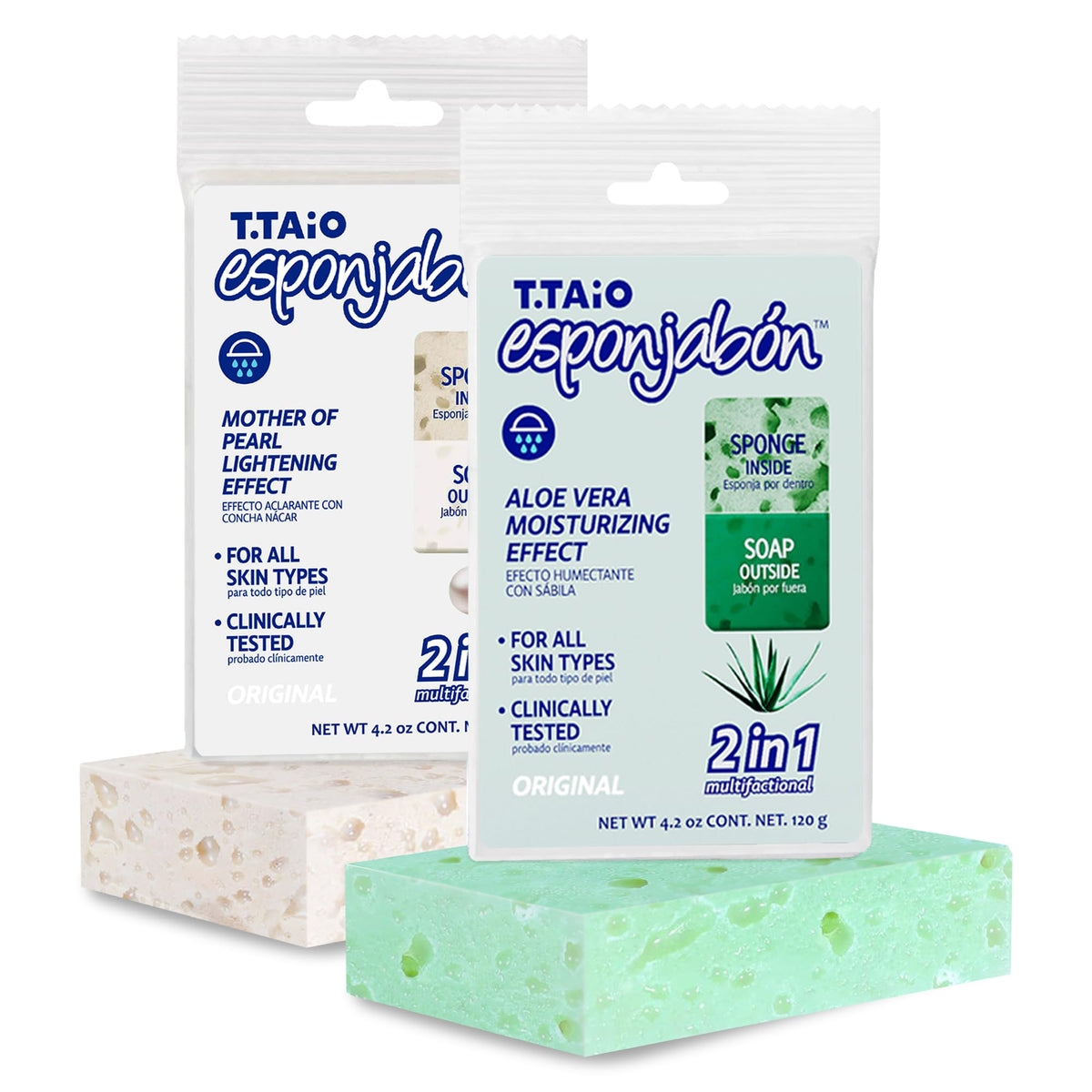 T.Taio 2-Pack Esponjabon Soap Sponge - Cleansing Bath Scrubber With Aloe Vera & Mother Of Pearl