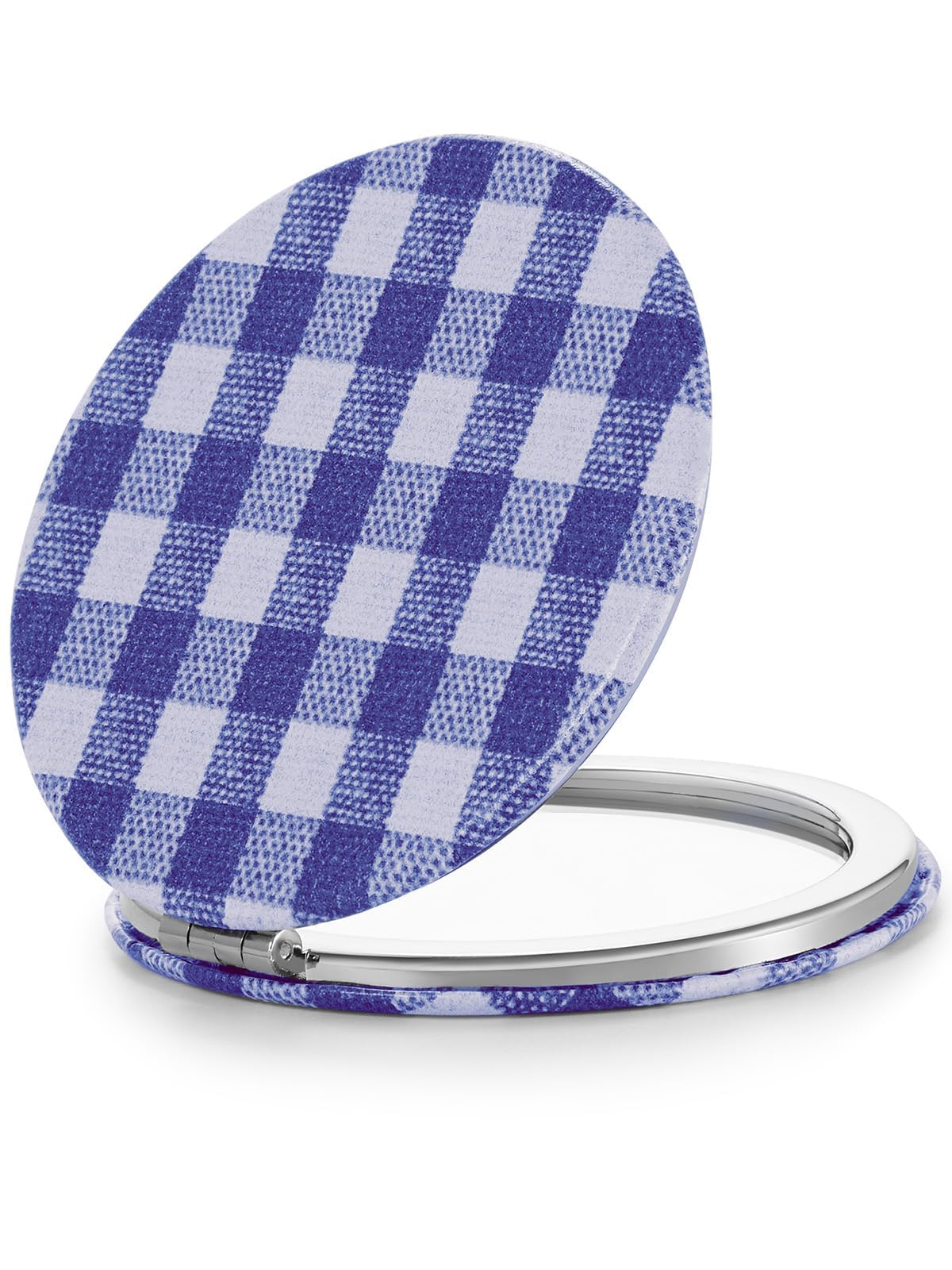 Omiro Compact 1X/10X Magnifying Mirror, Blue Plaid Leather Pocket Mirror, 3&quot; Round