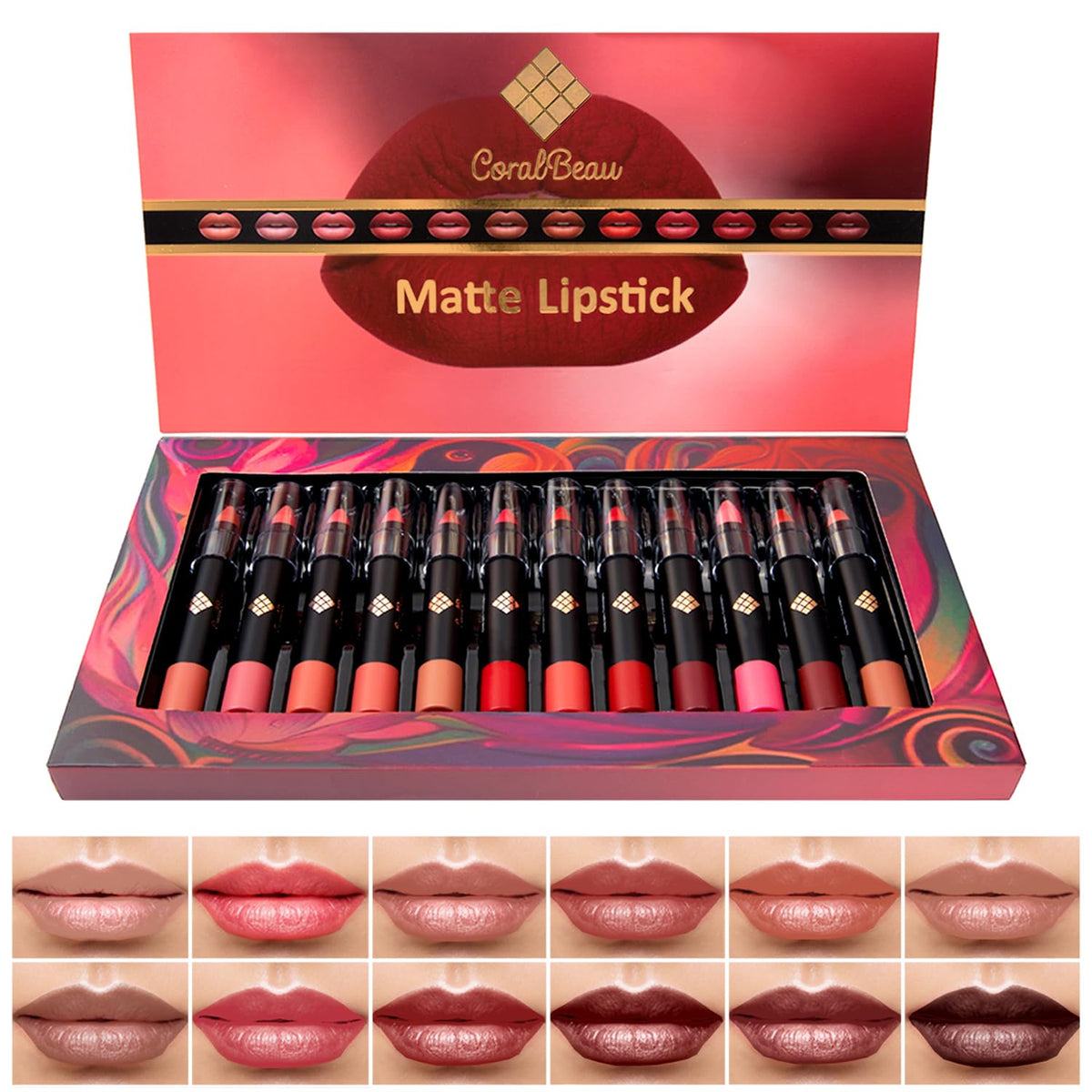 Coralbeau 12-Piece Matte Lipstick Set - Waterproof Crayons In Nude, Pink, Mauve & Red Shades