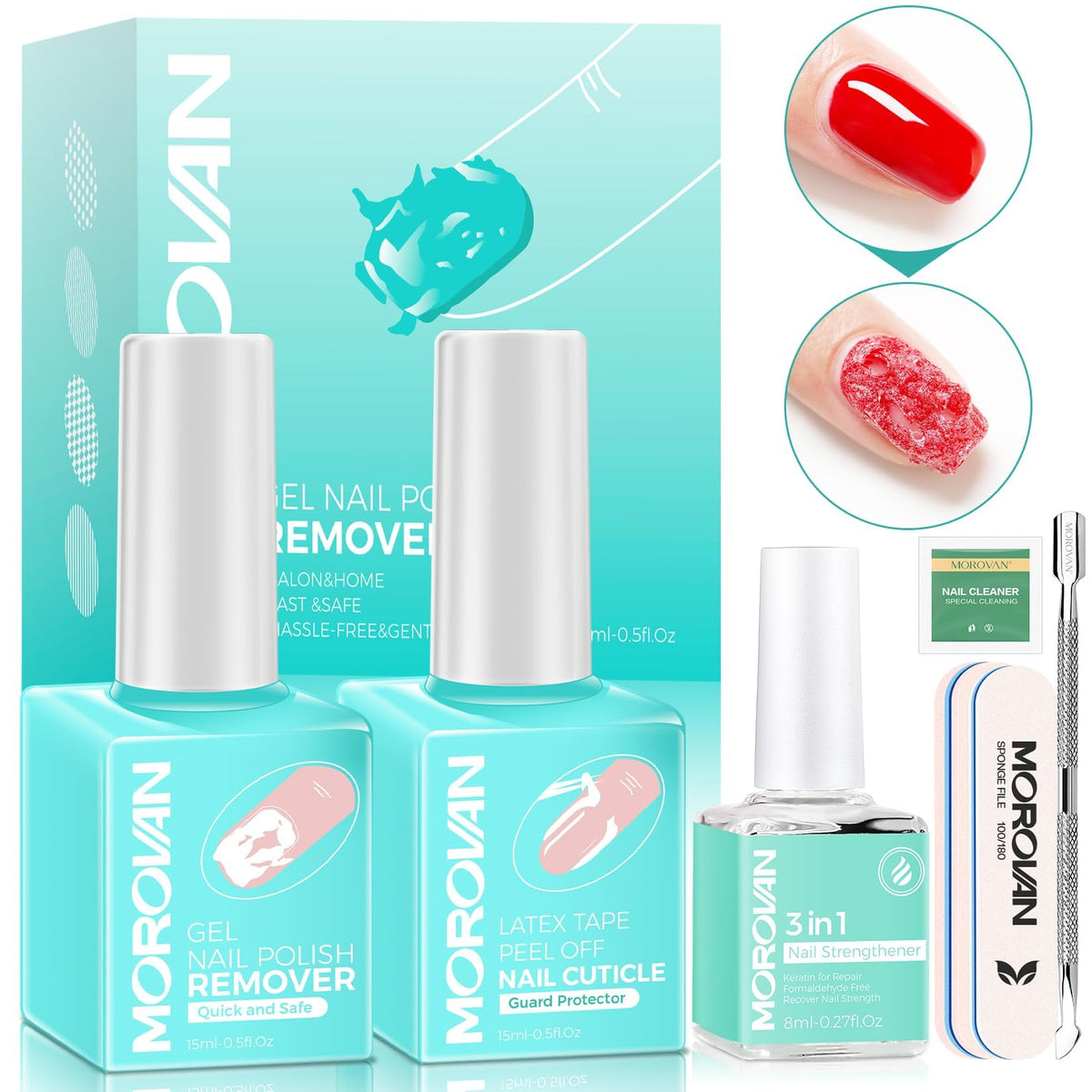 Morovan Gel Nail Polish Remover Kit - Quick Peel Off, Cuticle Pusher, 6 Piece Set, Clear