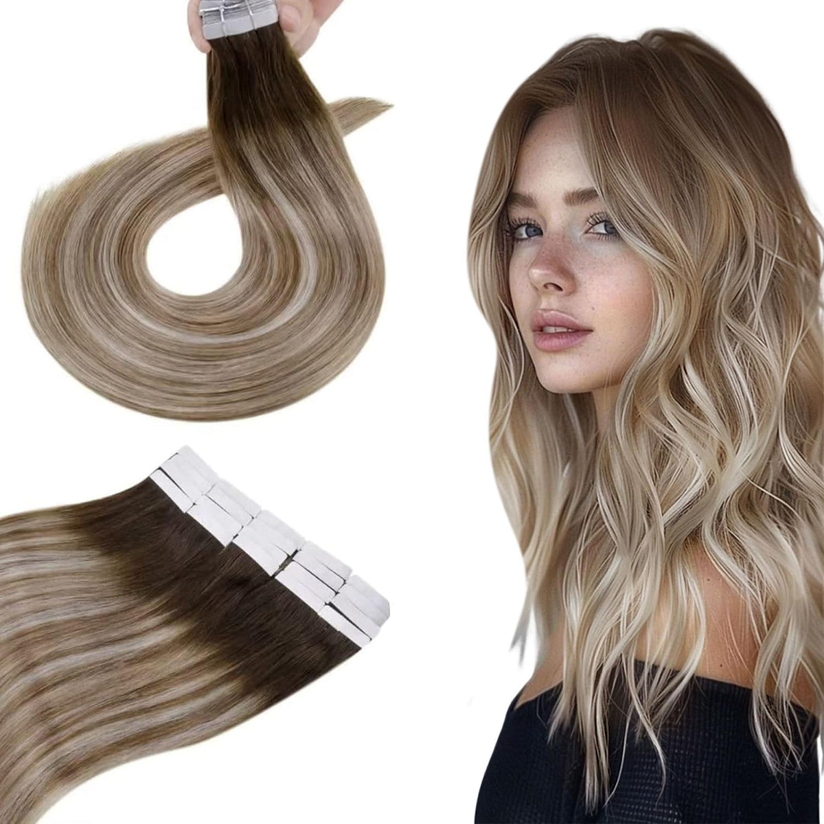 Hetto 18&quot; Invisible Tape In Human Hair Extensions, Balayage Brown To Blonde, 50G, 20Pcs