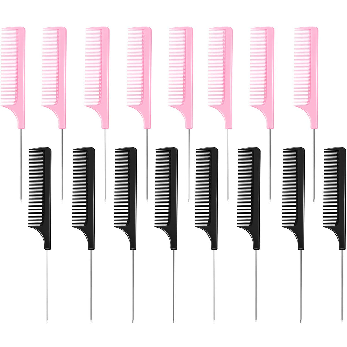 Boao 16-Piece Metal Rat Tail Combs Set - Black and Pink Pintail Hair Styling Combs for Women