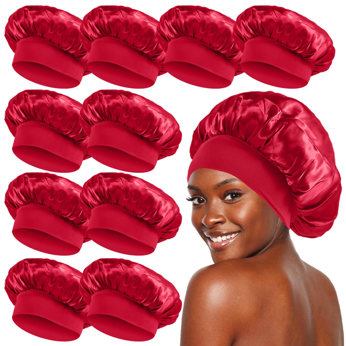 Kepuway Red Satin Bonnet Set - 10 Pcs Hair Sleep Caps With Elastic Band For Women