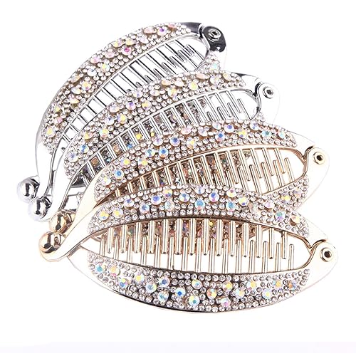 Mollensiuer 4Pcs Rhinestone Banana Clip Hair Comb - Elegant Silver & Gold Hair Grips for Women