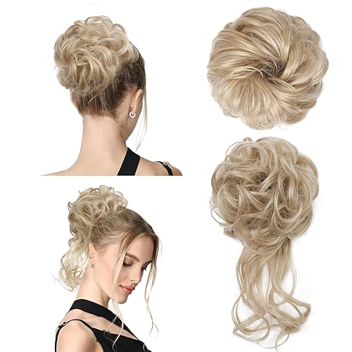 REECHO Medium Ash Blonde Hair Bun Piece - Classic Tousled Updo, Elastic Messy Bun Scrunchies