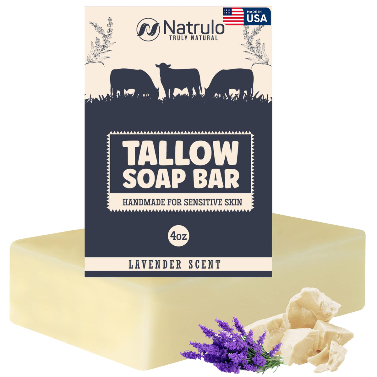 Natrulo Beef Tallow Soap Bar - Lavender, Moisturizing For Eczema & Sensitive Skin, 4 Oz