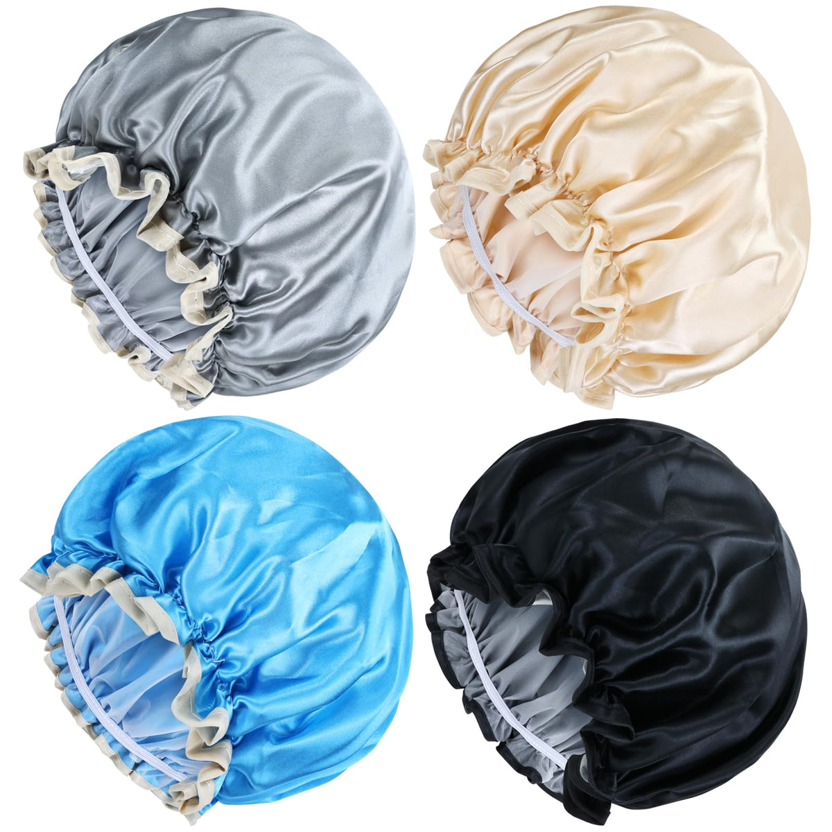 Lawie Large Waterproof Satin Shower Caps - Adjustable Hair Cover For Women & Girls, Neutral Colors