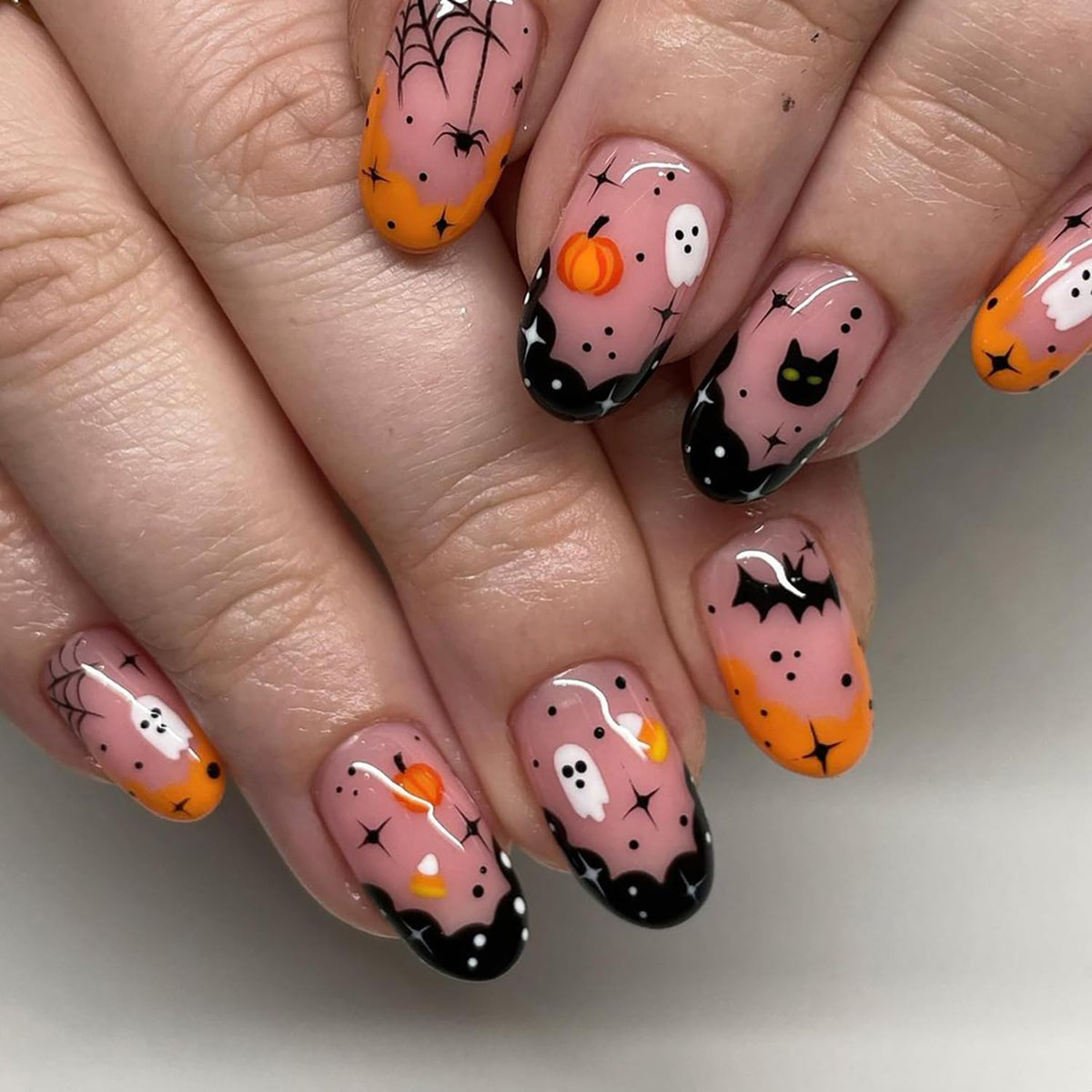 Kkuuoo Halloween Press On Nails - French Tip With Ghost & Pumpkin, 24 Pcs Acrylic Full Cover